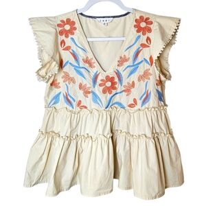 THML Embroidered Floral V-neck Flutter Sleeve Cream Top XS